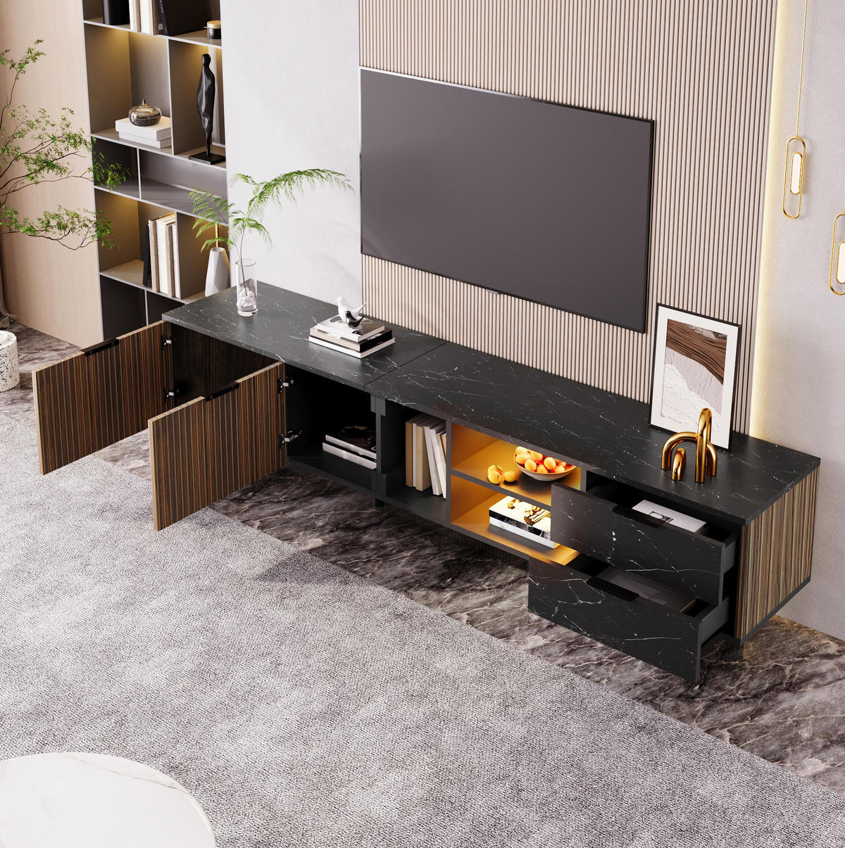TV-SCHRANK 200/38/50 cm schwarz/holzfarben aus MDF mit LED - Schwarz, Holzwerkstoff (200/50/38cm) - OKWISH