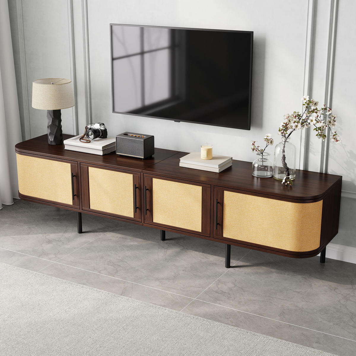 TV-SCHRANK 180x40x45cm mit Flechtfront und 4 Türen - Walnussfarben, Holzwerkstoff (180/45/40cm) - FLIEKS