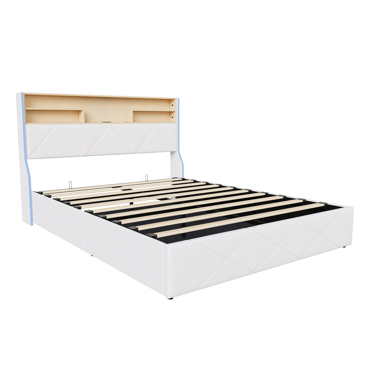 POLSTERBETT 140/200 cm mit Hydraulik-Bettkasten, LED-Ablagekopfteil und USB-Anschluss - Weiß, Holz/Metall (140/200cm) - Joyfair