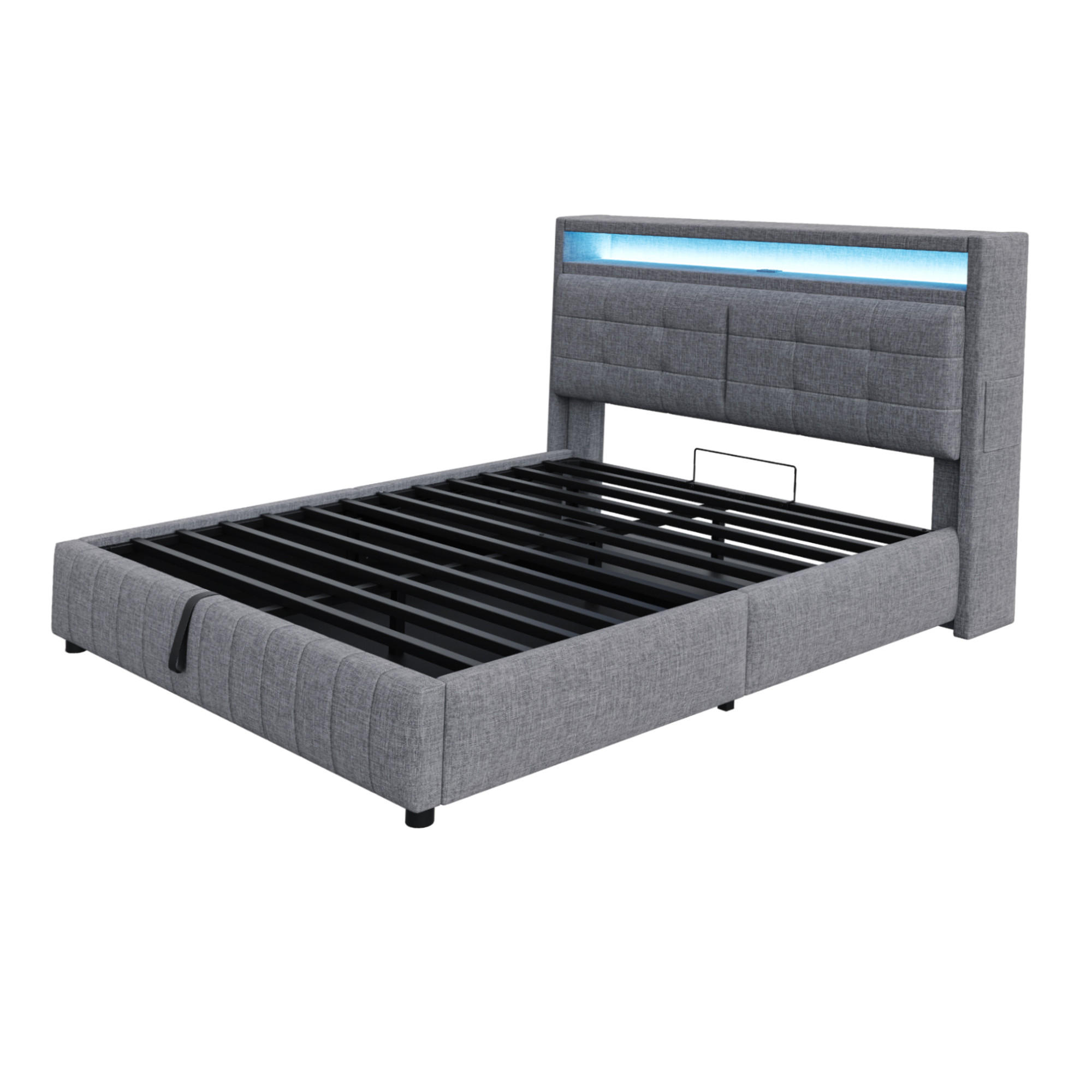 STAURRAUMBETT 160/200 cm DE-01955, in Grau, mit LED, USB und hydraulischem Stauraum - Grau, Metall (160/200cm) - ComfortXL