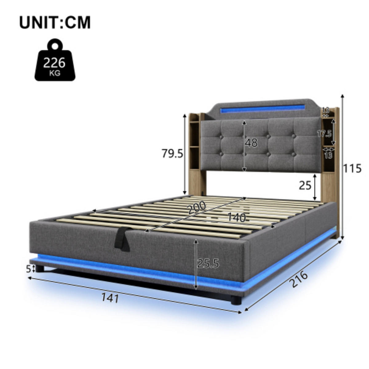 POLSTERBETT 140 × 200 cm mit Leinenbezug, LED-Lichtleisten, Hydraulikstauraum und USB-C Schnellladestation, grau - Grau, Textil (140/200cm) - Luhomfu