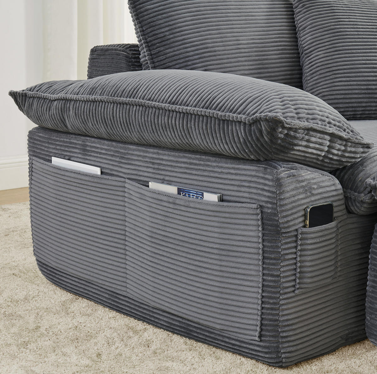 SESSEL aus Stoff mit modularem Hocker, Seitentaschen und weicher Polsterung, Hellgrau - Hellgrau, Textil (156/65/125cm) - Redom