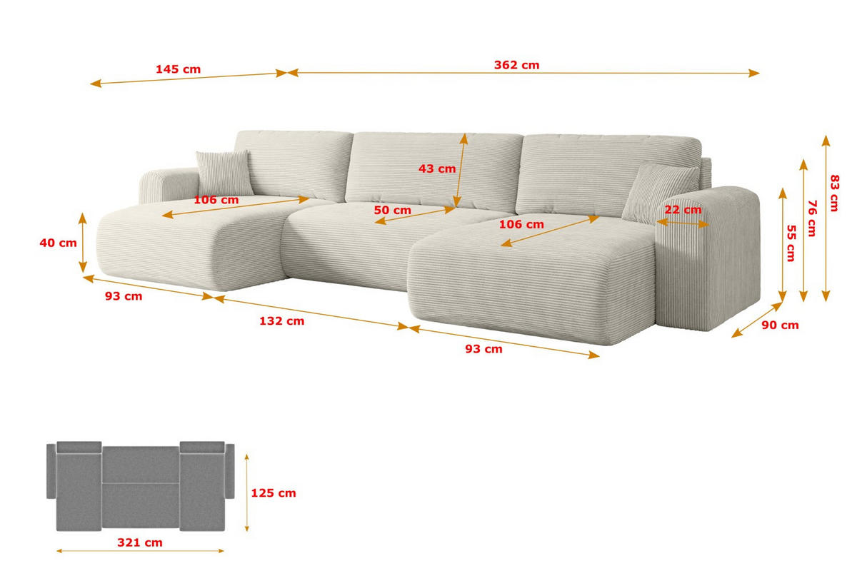 WOHNLANDSCHAFT mit Schlaffunktion und Bettkasten ORRO-U - 362x145x83 cm Creme Cord - Hellgrau/Creme, Holzwerkstoff/Kunststoff (362/83/145cm) - ALTDECOR
