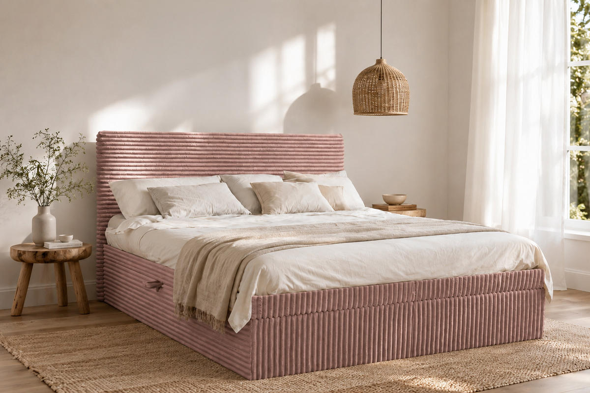 BOXBETT Bettkasten Und Topper TRENTO Ohne Bein Stoff Plüsch Cord 200x200 cm Rosa H2-Pocket - Rosa, Holz/Textil (200/200cm) - Kaiser Möbel