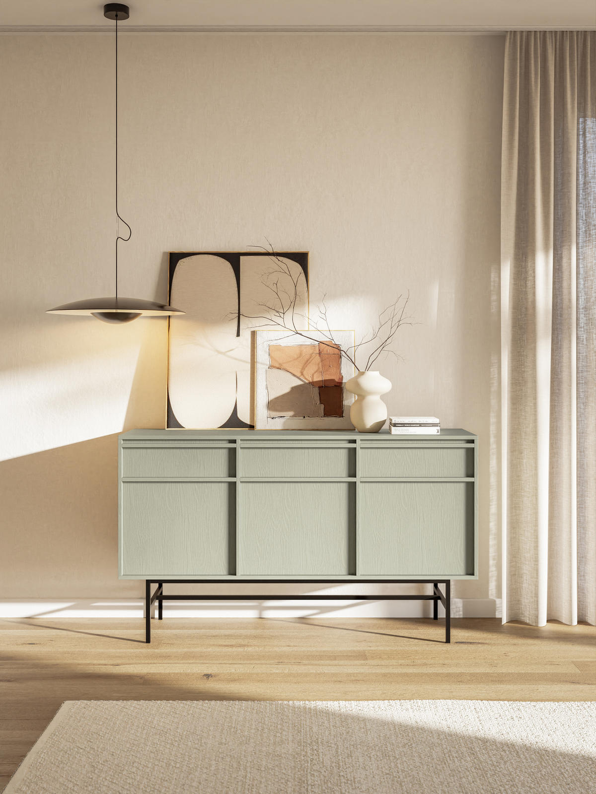 SIDEBOARD Evo Salbeigrün mit Metallgestell 154 cm - Salbeigrün/Schwarz, Holzwerkstoff/Metall (154/89/39cm) - Selsey