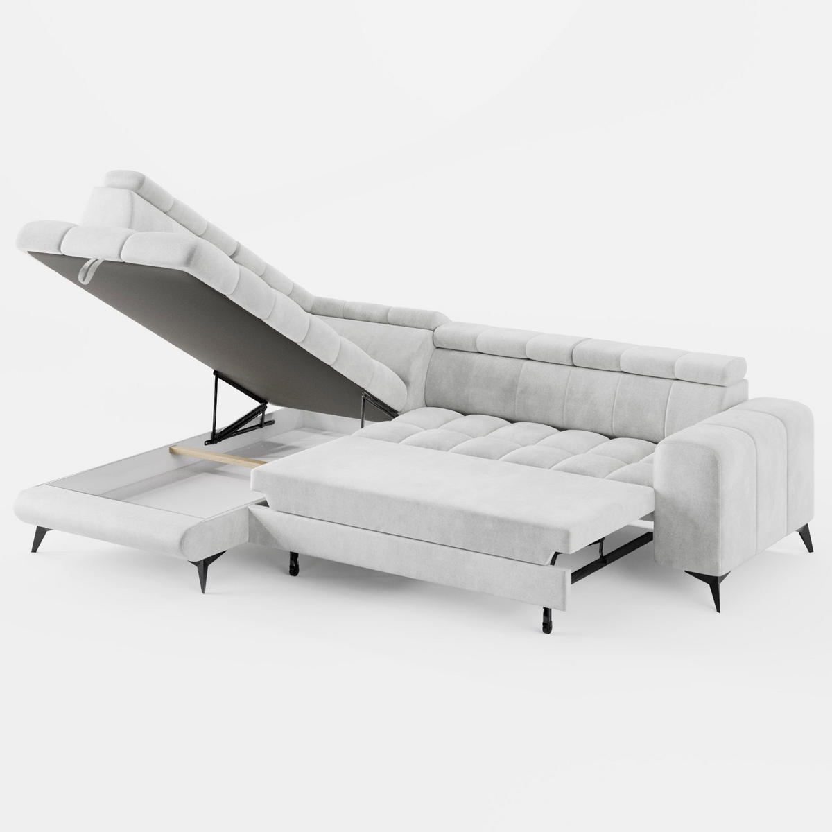 ECKSOFA CANDY CANE Links Dunkelblau Velours-Stoff mit Schlaffunktion und Bettkasten - Dunkelblau, Textil (264/192cm) - Barchello