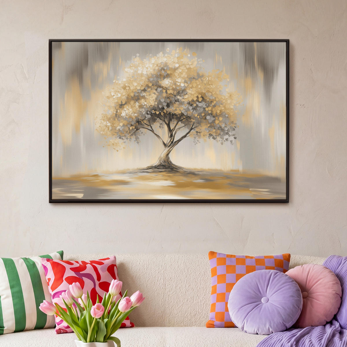LEINWAND Bilder mit Rahmen - Gemälde - Baum - Abstrakt - Blätter - 90x60 - Beige, Textil (90/60cm) - MuchoWow