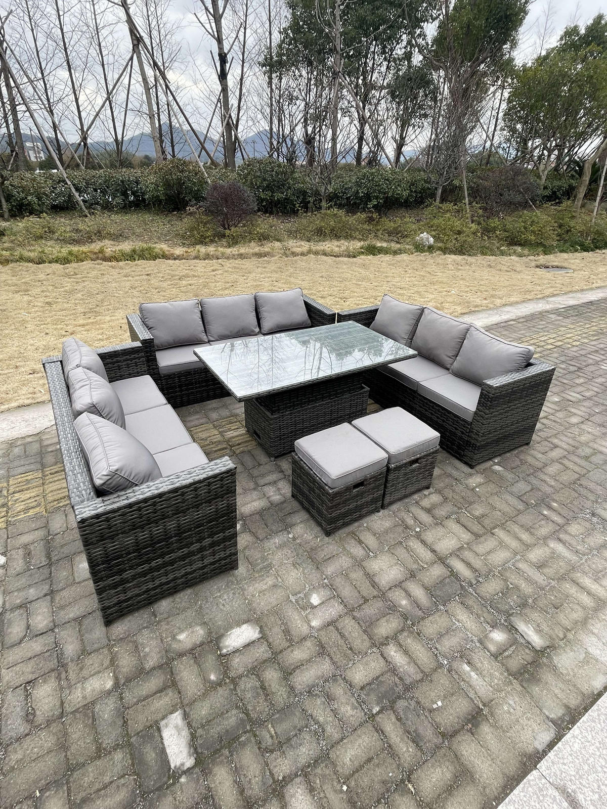 SITZGRUPPE Polyrattan 11-Sitzer - Dunkelgrau/Grau, Glas/Kunststoff - Fimous