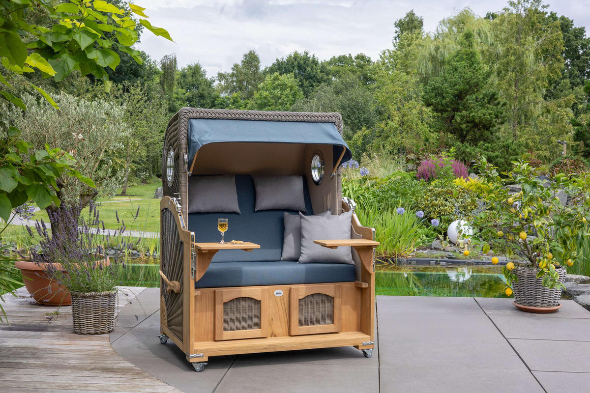 STRANDKORB Düne Grande Bullauge Teak PE Grey Dessin 593 - Blau/Braun, Metall (142/170/95cm) - Mr. Deko