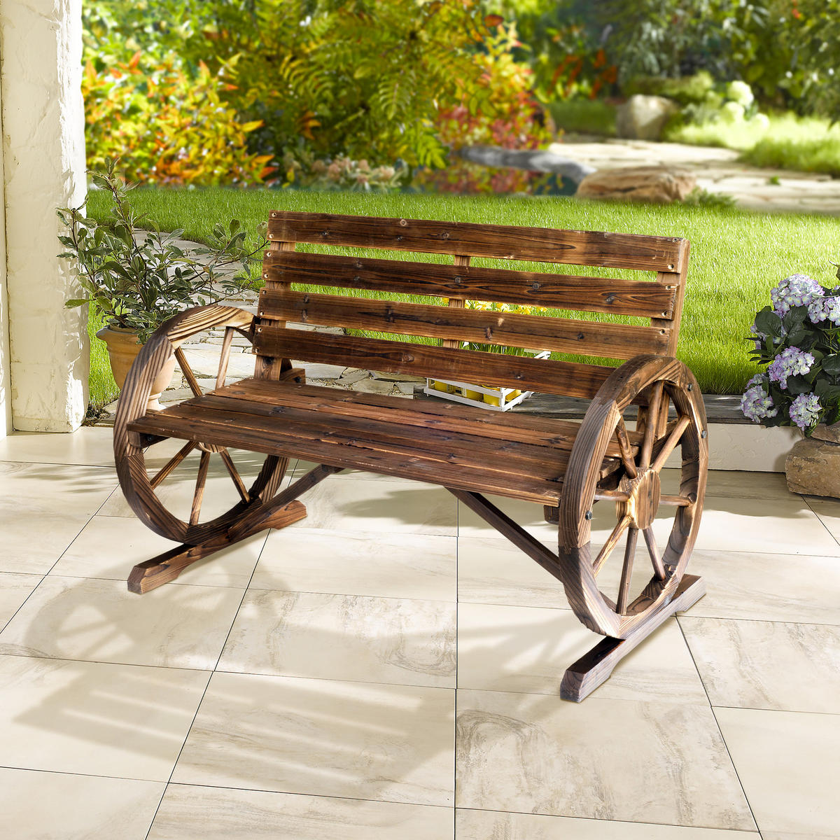 GARTENBANK DE-17756 3-Sitzer mit Wagenrädern & Lattenrost Carbonisiert - Braun, Holz (105.5/75/59cm) - ComfortXL