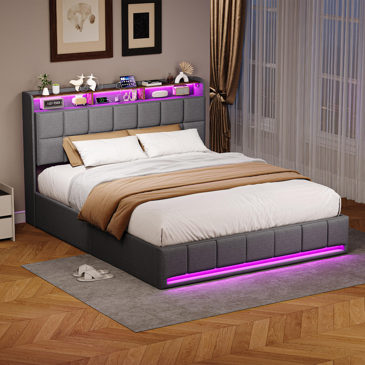 POLSTERBETT 140x200cm Grau Leinen LED USB-C Stauraum - Grau, Metall - SHOPENTRA
