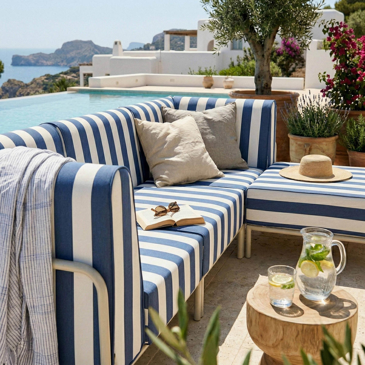 GARTENSOFA mit 4 Sitzplätzen, Blau - Blau, Textil - Oviala