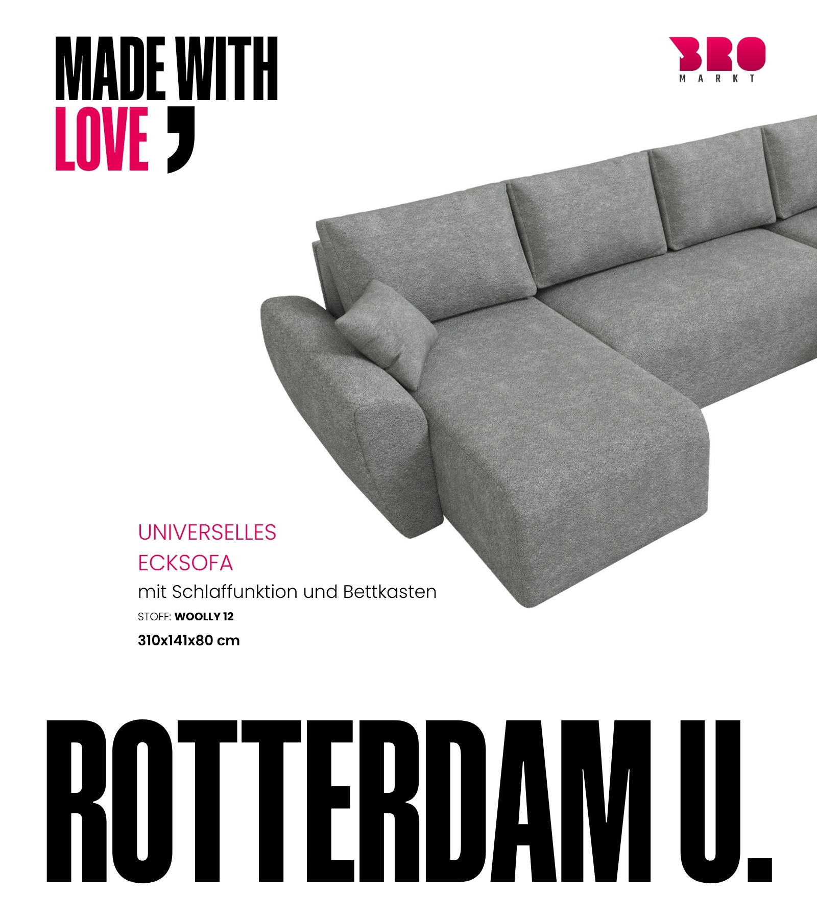 WOHLANDSCHAFT Rotterdam U mit Schlaffunktion Grau Bouclé - Grau, Textil (310/80/141cm) - Bromarkt