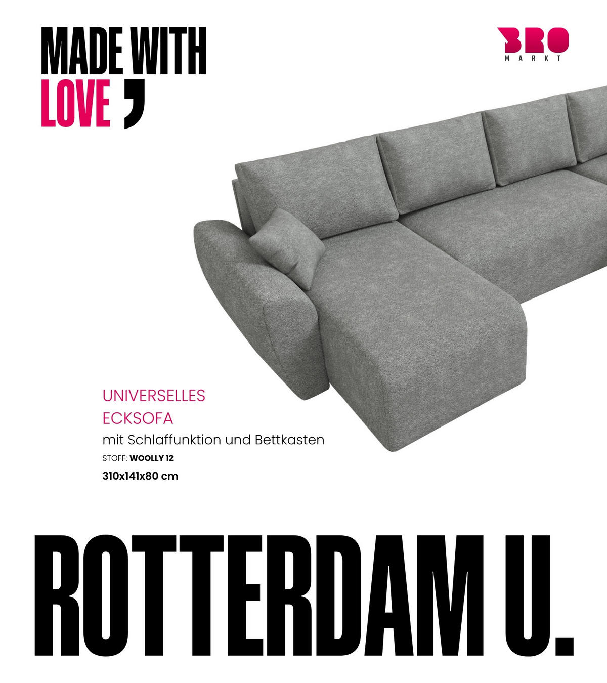 WOHLANDSCHAFT Rotterdam U mit Schlaffunktion Grau Bouclé - Grau, Textil (310/80/141cm) - Bromarkt