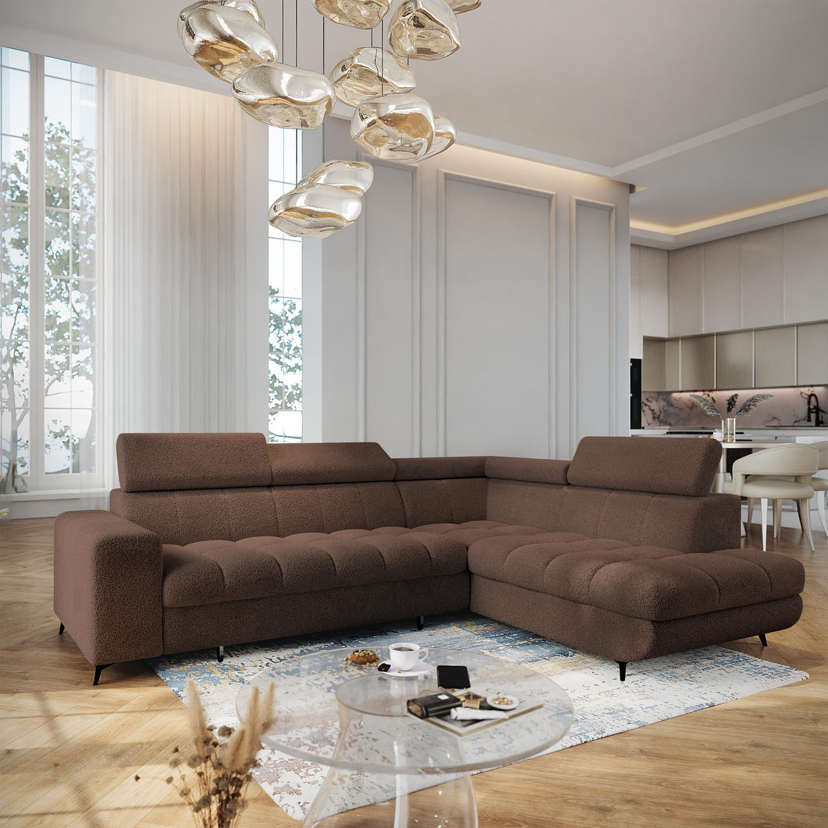 ECKSOFA MORIVA Q R-S Braun Boucle-Stoff mit Schlaffunktion - Braun, Holzwerkstoff/Textil (253/190cm) - MASSENO