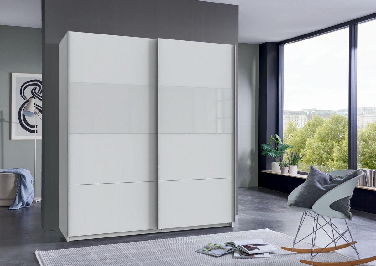 SCHWEBETÜRENSCHRANK Bramfeld in Weiß mit Glas Weiß 180 x 198 x 65 cm (B x H x T) – Kleiderschrank - Weiß, Holzwerkstoff (80/200/120cm)