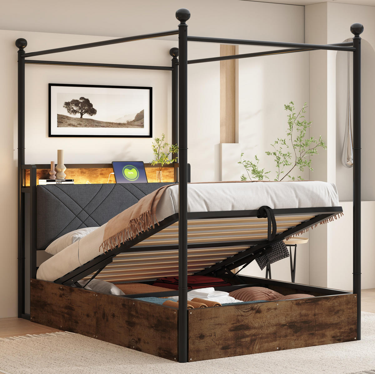 KOVOVÁ postel 90/190 cm s odnímatelným baldachýnem, LED osvětlením, USB a úložným prostorem, Černá - černá, kov (90/190cm) - Redom