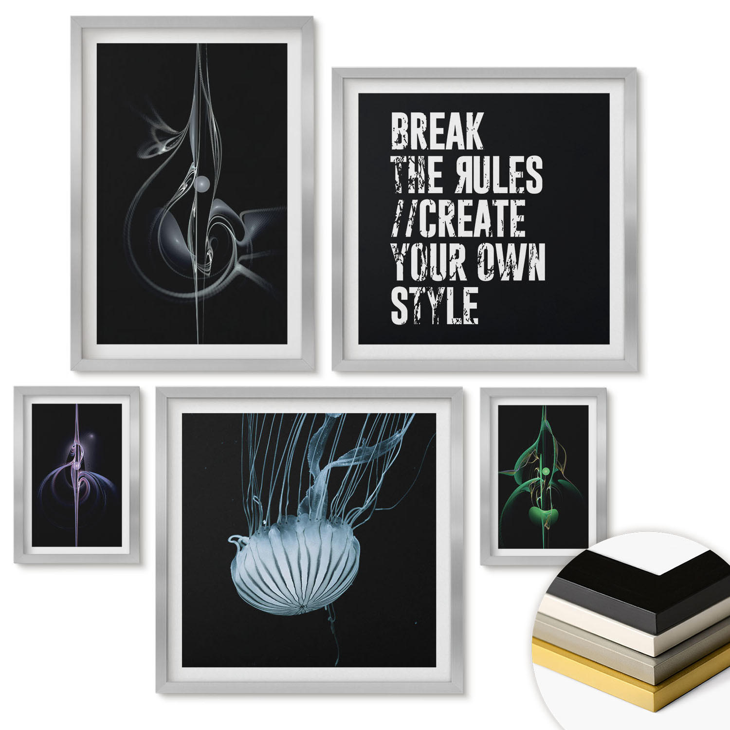 WANDBILDER 5er Set - 50x50 cm & 20x30 cm & 40x60 cm Silberner Rahmen - Abstrakte Darstellung von grauen Katzenrosen - Silberfarben, Kunststoff (40/60cm) - ArtPrintCave