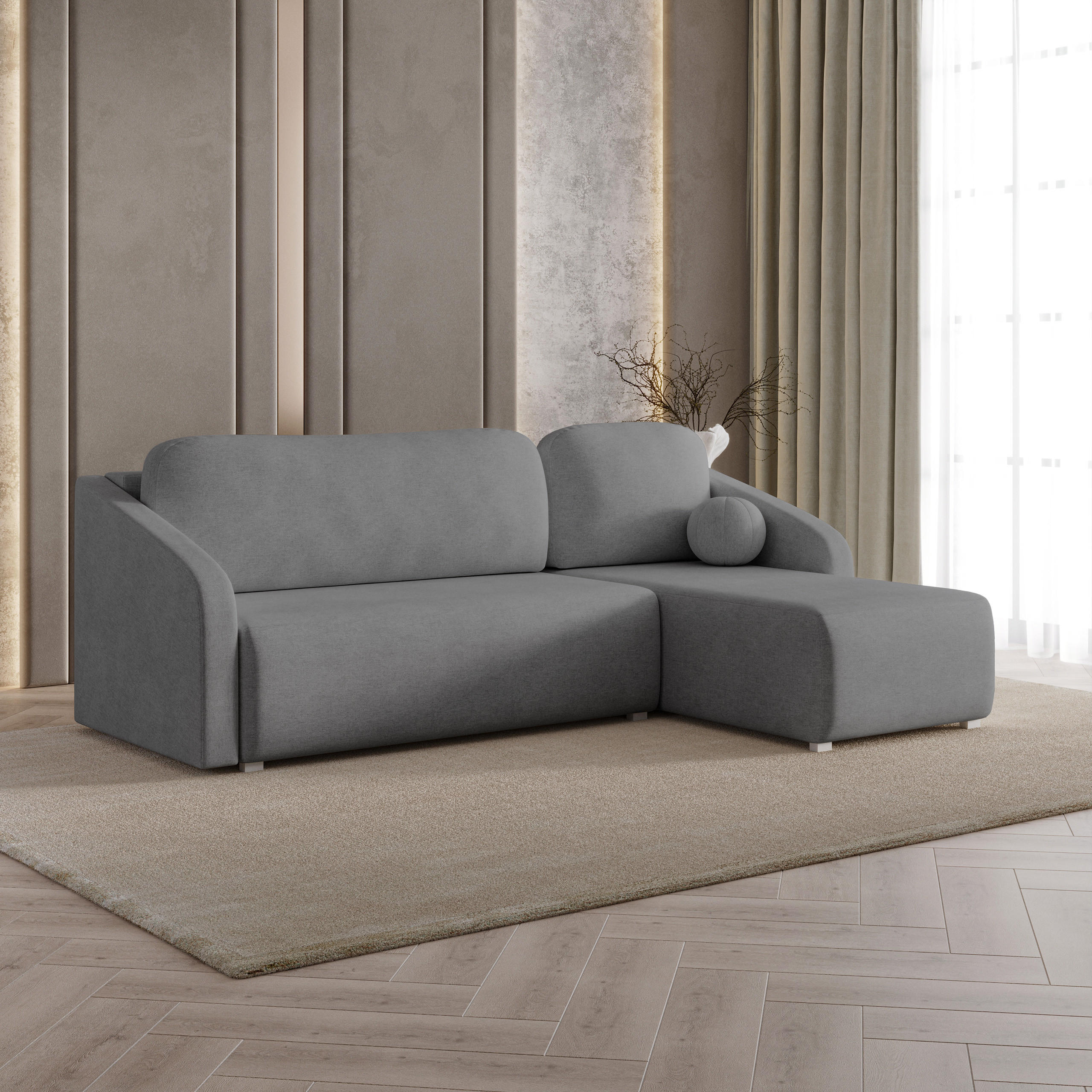 ECKSOFA MARELLO Grau Geflochtener Stoff mit Schlaffunktion - Grau, Holz (220/143cm) - MASSENO