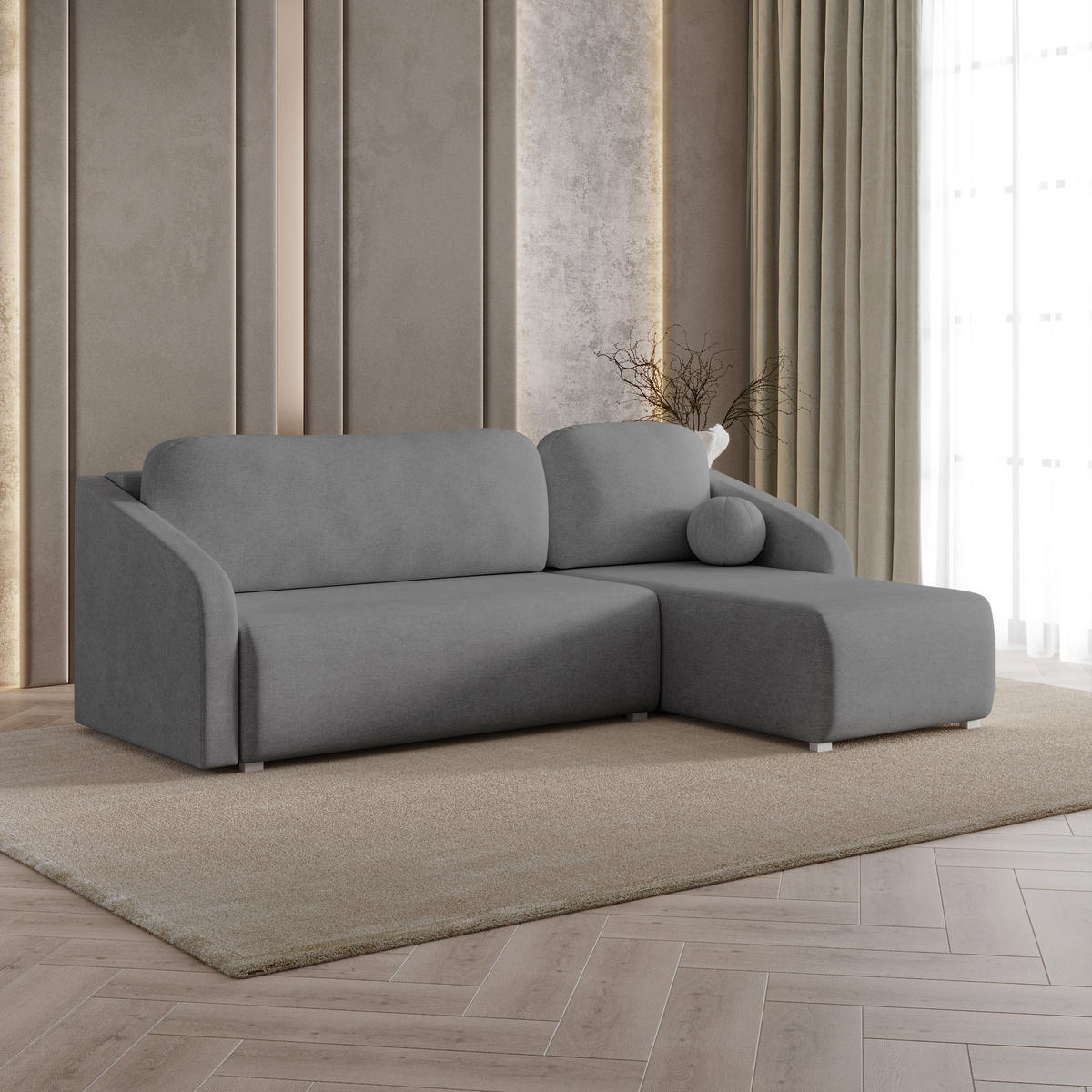 ECKSOFA MARELLO Grau Geflochtener Stoff mit Schlaffunktion - Grau, Holz (220/143cm) - MASSENO
