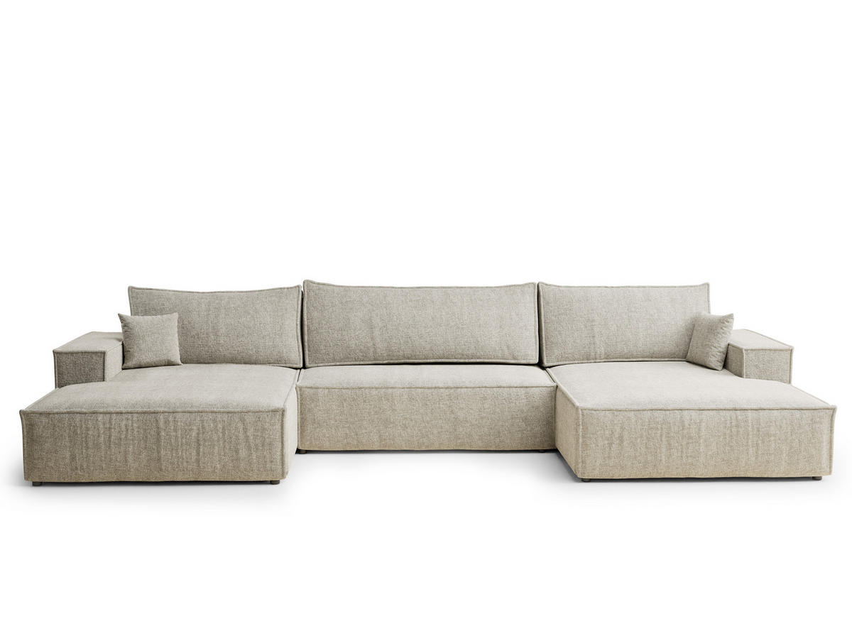 WOHNLANDSCHAFT Kyoto Beige Chenille-Stoff - Beige/Schwarz, Holz/Holzwerkstoff (398/70/148cm) - Maison de Reve