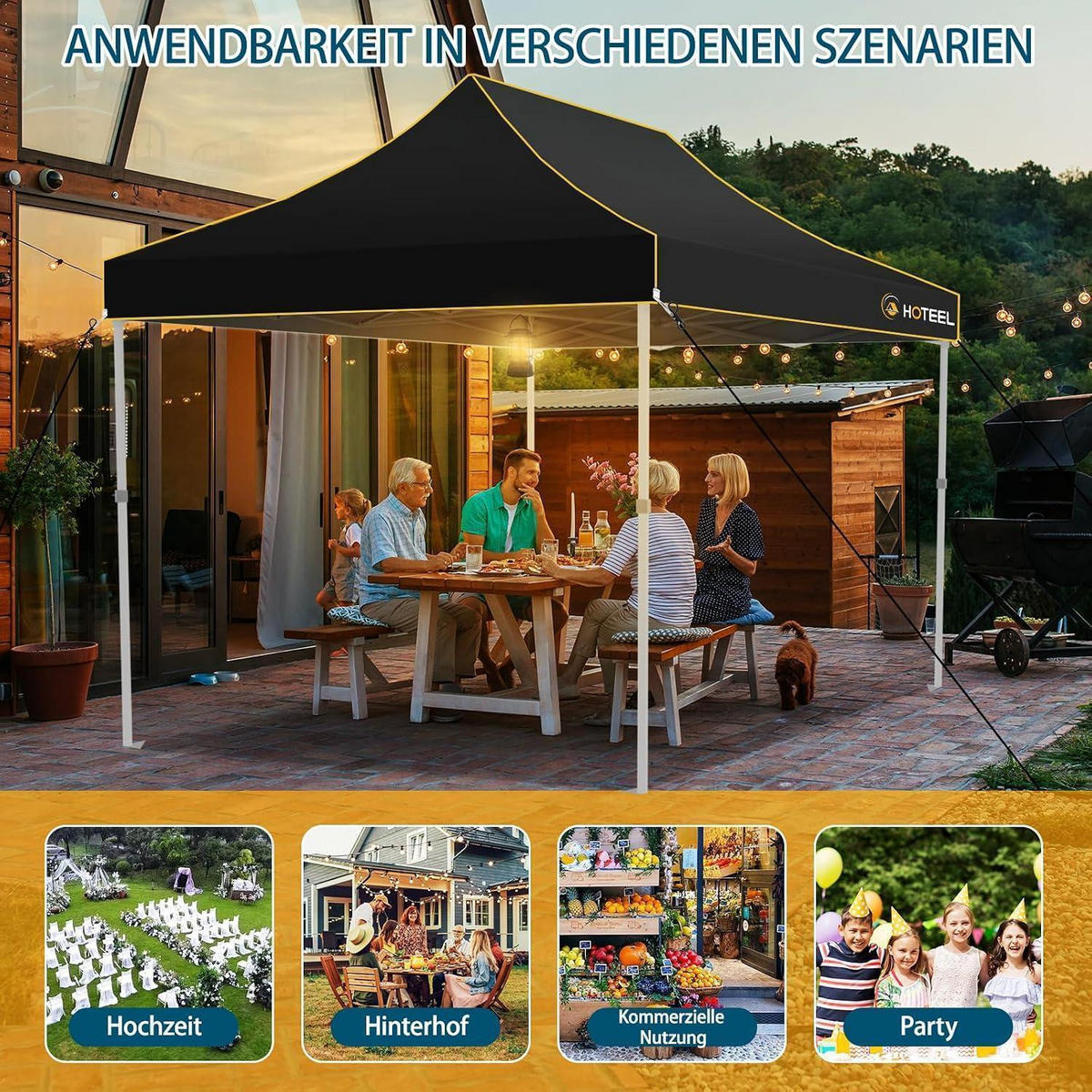 FALTPAVILLON 3x4,5m Schwarz Wasserdicht Stabil Sechskant-Gestell - Schwarz, Textil (300/342/450cm)