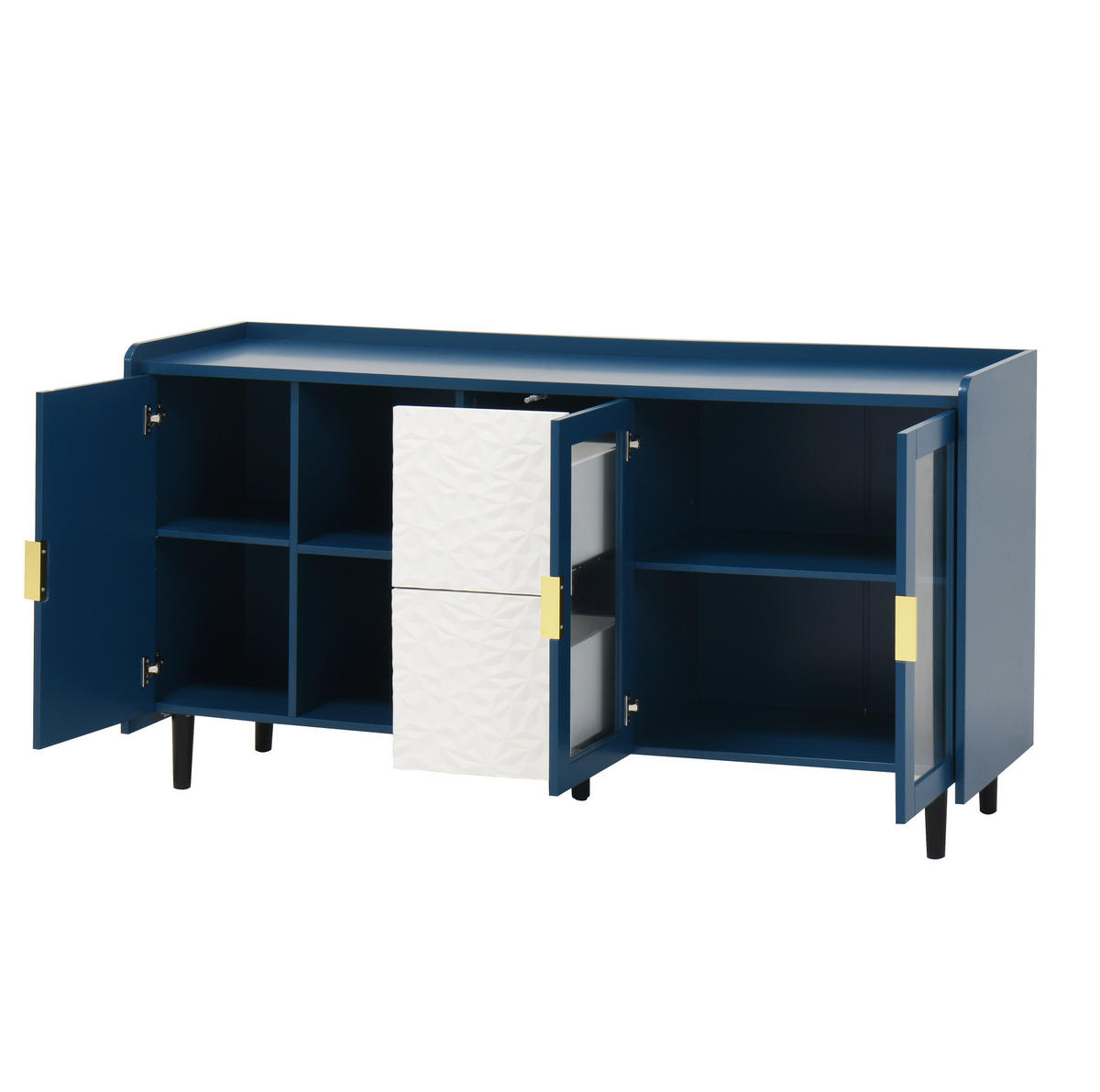 SIDEBOARD mit Glastüren, 2 Schubladen und offenen Fächern, vielseitiger Stauraum, Blau - Blau, Holzwerkstoff (150/80/40cm) - Redom