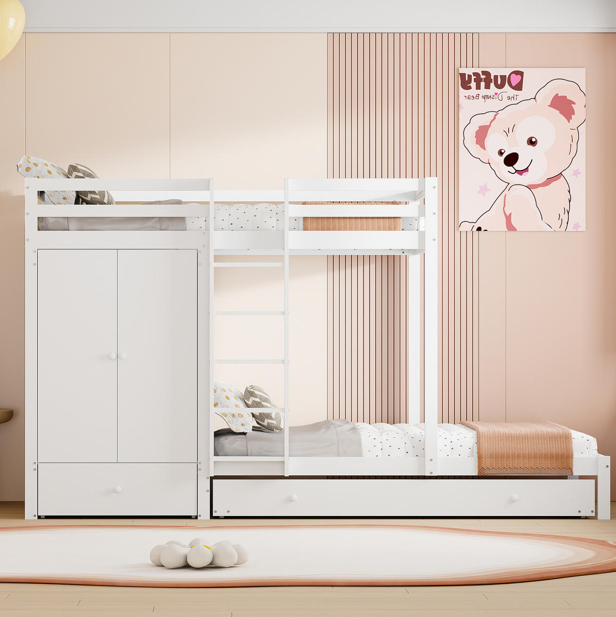 ETAGENBETT 90/200 cm Weiß aus Holz mit Ausziehbett und Kleiderschrank - Weiß, Holz (90/200cm) - Flora Grace