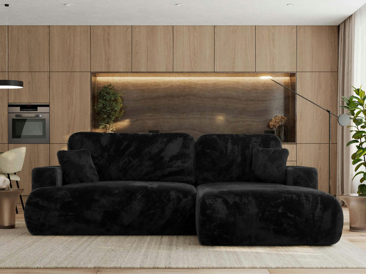 ECKSOFA OVO L Schwarz Plüsch - Rechts Seite - Schwarz, Kunststoff/Textil (195/271cm) - MKS