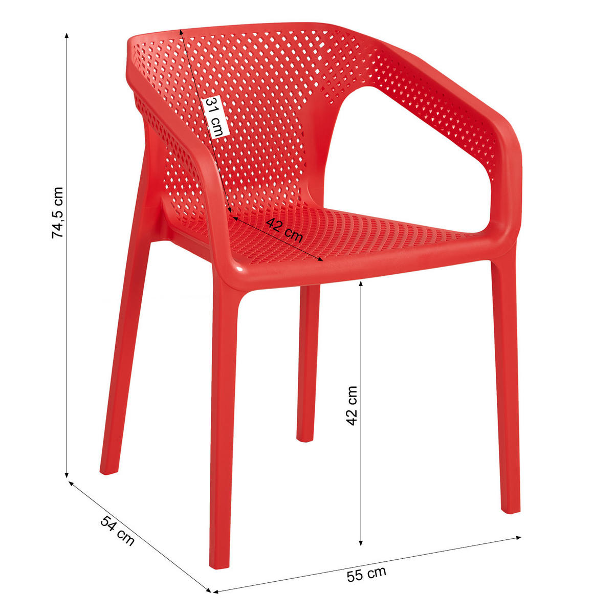 GARTENSTUHL 4er-Set Kunststoff Rot mit Armlehnen - Rot, Kunststoff (220/75/54cm) - Homestyle4u
