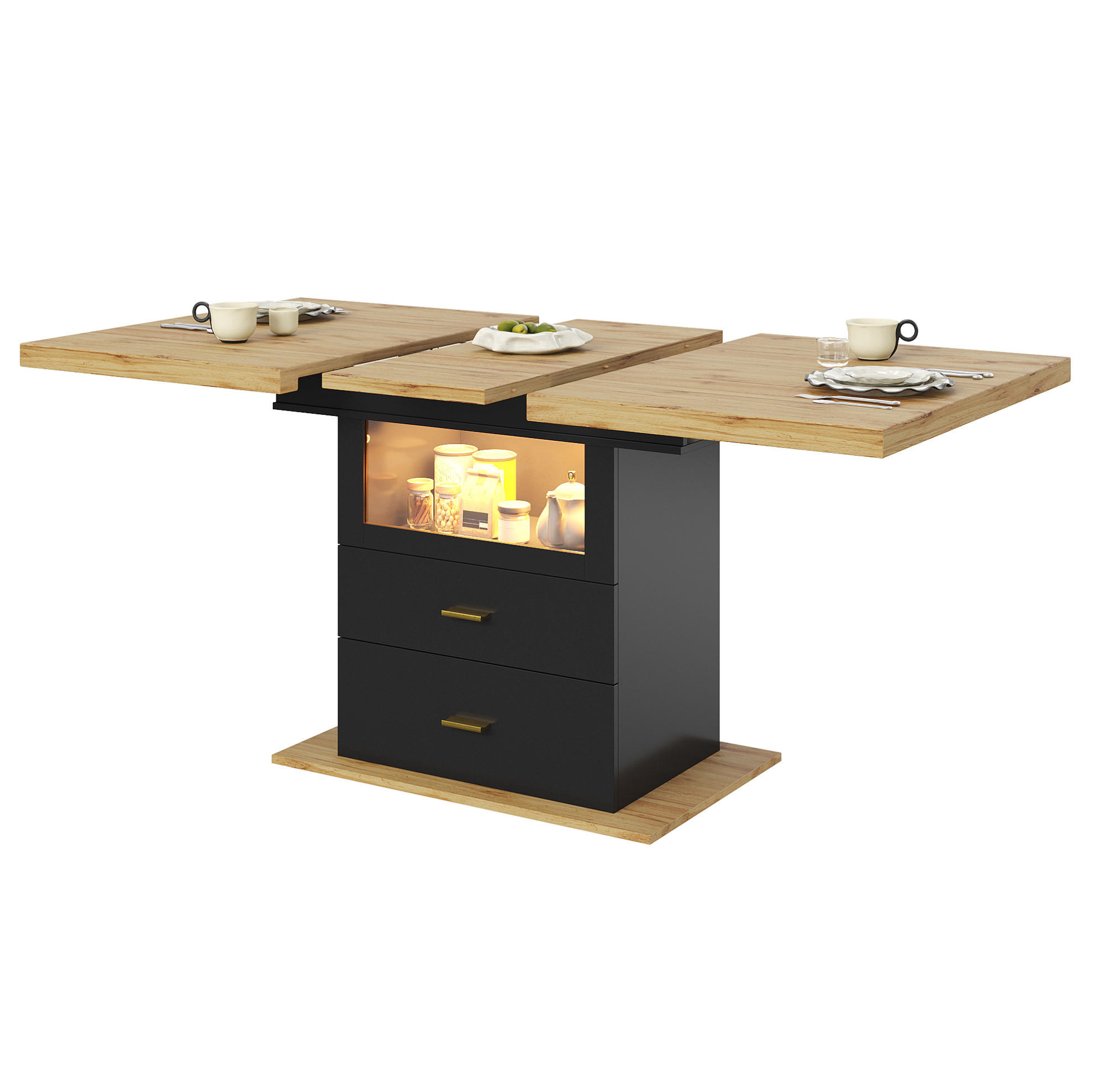 JEDÁLENSKÝ stôl 110/140/80/75 cm dekor dreva MDF/kov čierny s LED osvetlením - prírodná farba, kompozitné drevo (140/80/75cm) - BEAOK