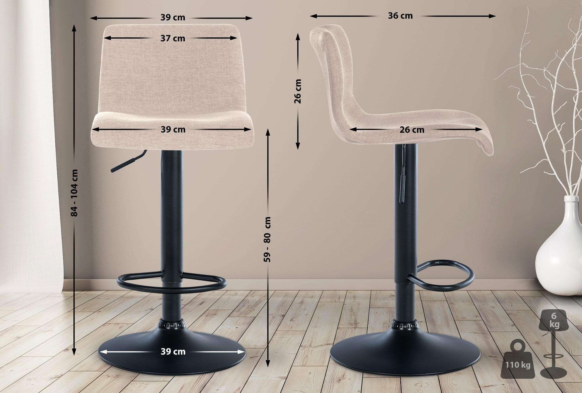 Thumbnail - CLP Barhocker, Creme, Textil, 39x84x36 cm, Esszimmer, Barmöbel, Barhocker