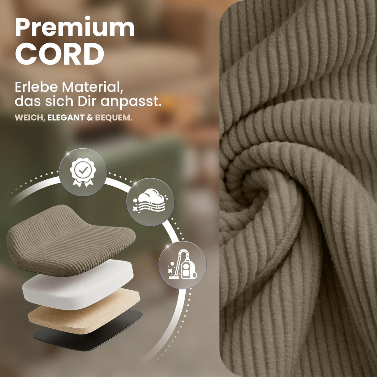 STUHL Cord Taupe - Taupe/Eukalyptusholzfarben, Holz/Textil (49/83/50cm) - CLP