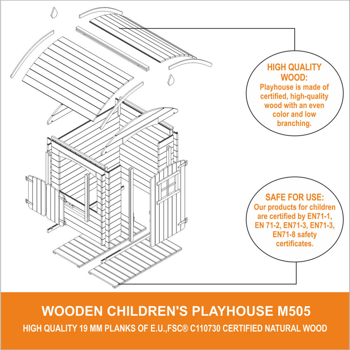 KINDERSPIELHAUS aus Holz MIT BÖDEN - B112xL146xH145 cm/1,1m2 - M505 - Beige, Holz (146/145/112cm) - Timbela