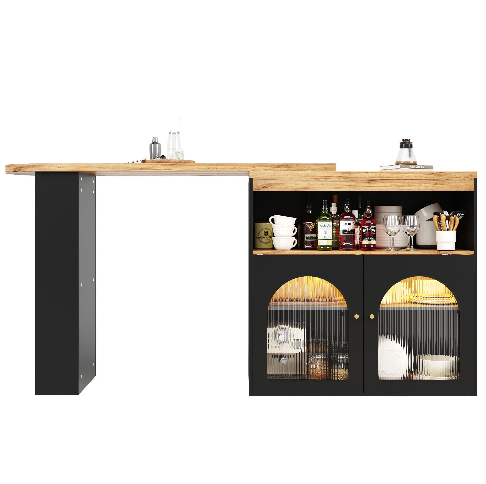OKWISH BAROVÝ stůl 138-193/39/105 cm černý z MDF s LED osvětlením, otočný a s úložným prostorem