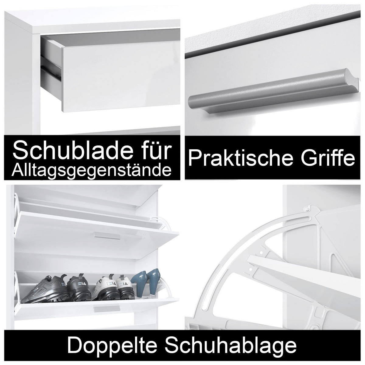 SCHUHSCHRANK Roma Schmal mit 2 Klappen und 1 Schublade, Platzsparender Schuhkipper, Schwarz/Grau Hochglanz (89 x 95,5 x 23 cm) - Grau, Holzwerkstoff (89/95.5/23cm) - InnoFurn