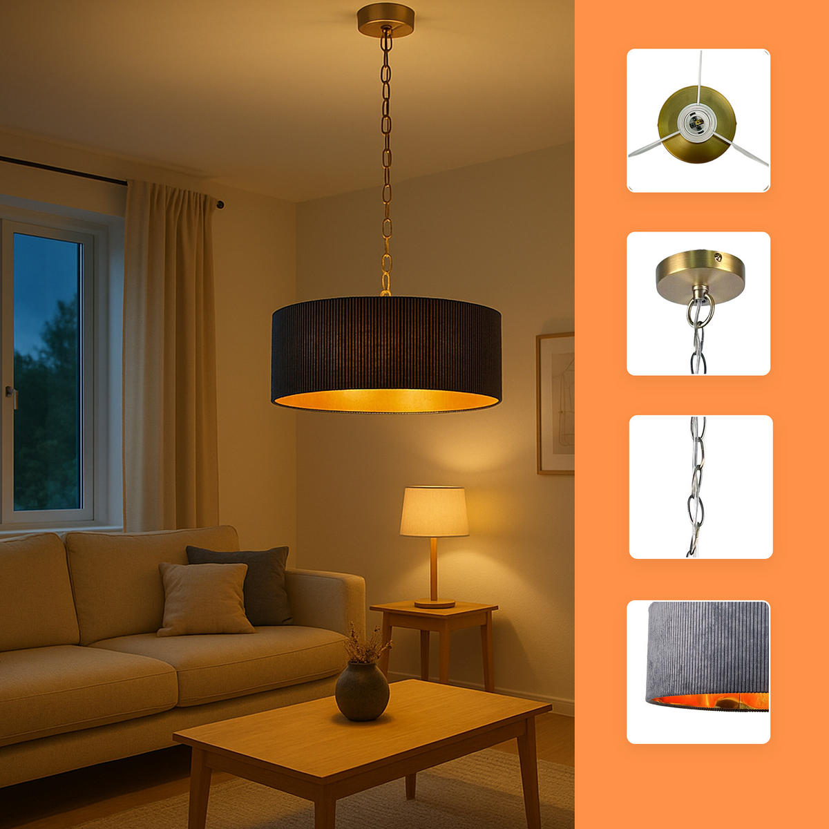 HÄNGELAMPE Schwarz Bronze Stoffschirm - Multicolor, Textil/Metall (40/40/100cm) - Relaxdays