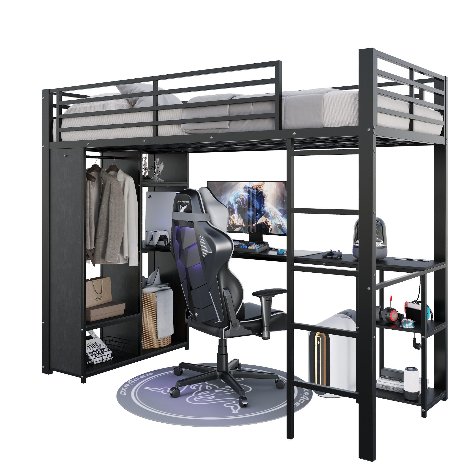 HOCHBETT MDF+Metall 90x200 cm Schwarz mit Schreibtisch, LED-Lichtleiste und offenem Stauraum - Schwarz, Holzwerkstoff (90/200cm) - Modfu