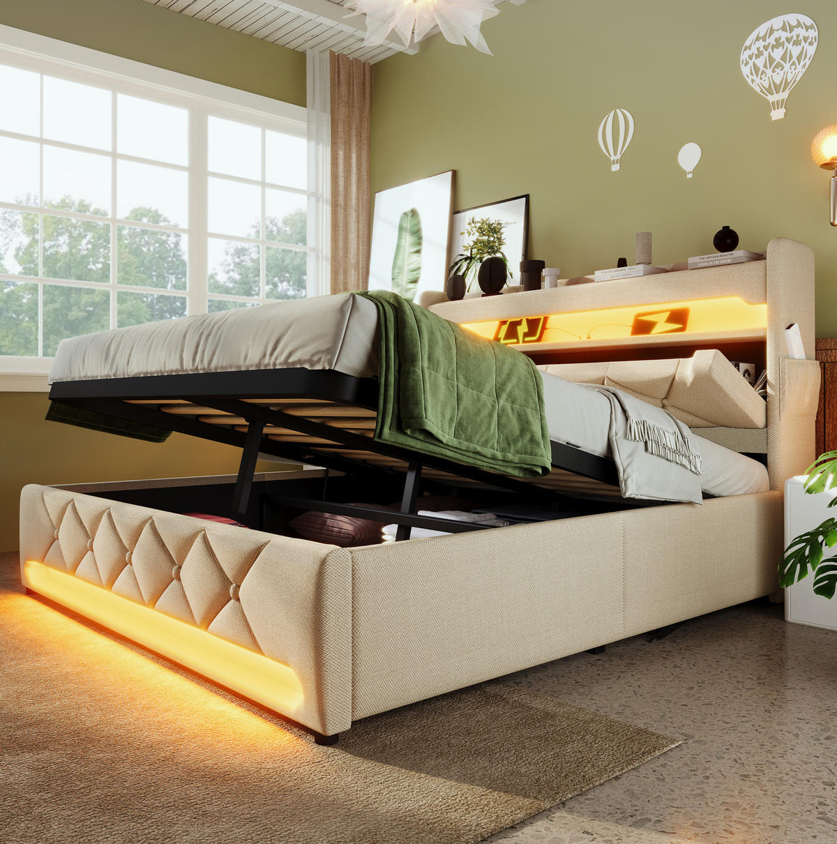 POLSTERBETT mit Stauraum und LED 160x200 cm Leinen Beige - Beige, Metall (160/200cm) - Meubliv