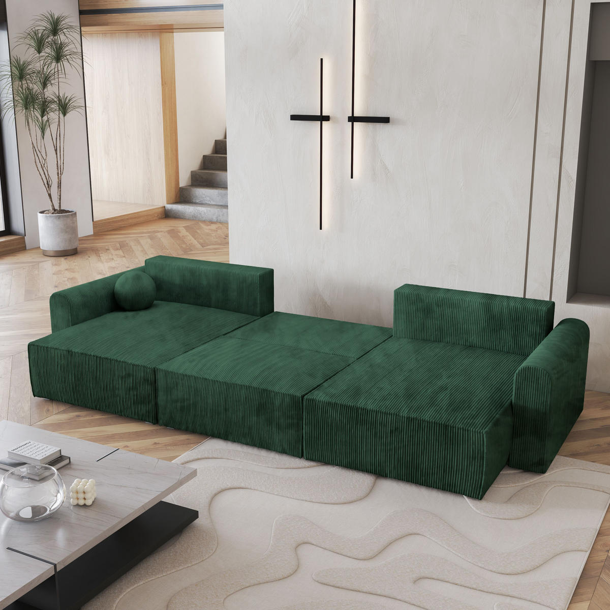 WOHNLANDSCHAFT FENTO P Grün Kordstoff mit Schlaffunktion - Grün, Holz (347/90/148cm) - MASSENO