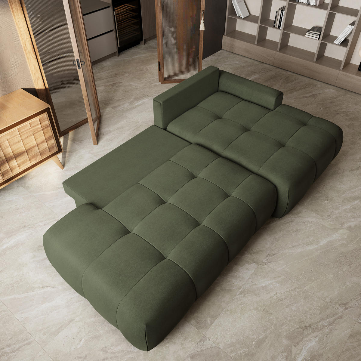 ECKSOFA FLUMA CL R-S Olivgrün Samtstoff mit Schlaffunktion - Olivgrün, Holzwerkstoff/Textil (279/158cm) - MASSENO
