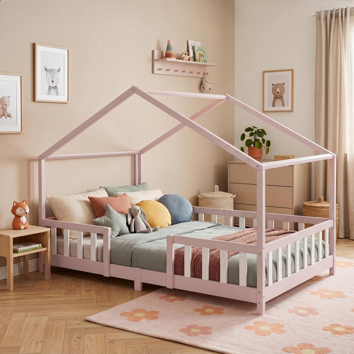 HAUSBETT Treviolo mit Matratze - Pink/Weiß, Holz/Textil (120/200cm) - [en.casa]