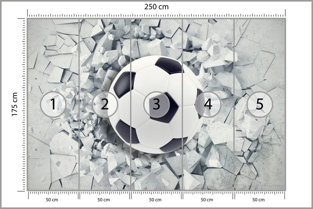 FOTOTAPETE für Kinderzimmer Fußball Riss Graue Wand Dynamik Sport 250x175 - Schwarz/Weiß, Papier (250/175cm) - Muralo