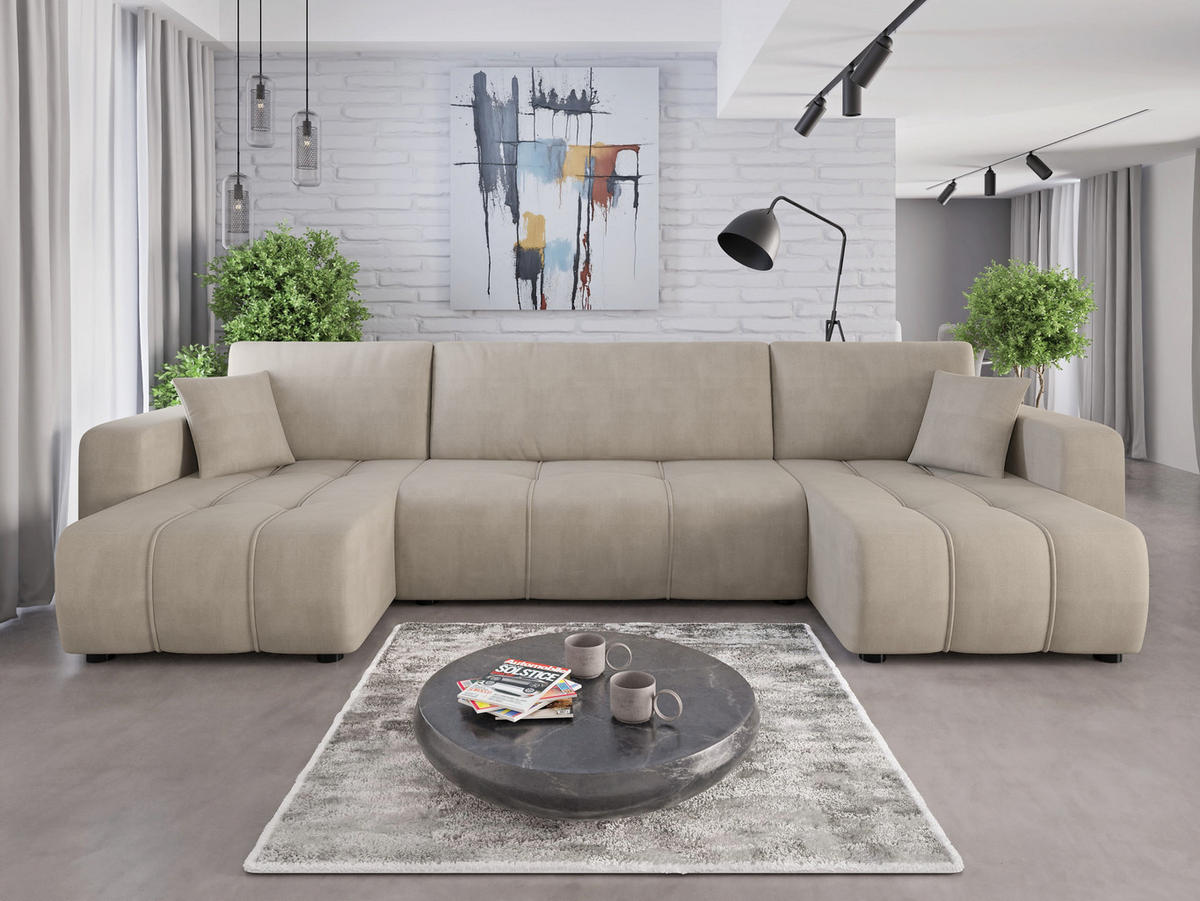 WOHNLANDSCHAFT Aice U-Form 317 cm – mit Schlaffunktion, Bettkasten, Kissen & bequemer Wellenfederung - Champagner, Kunststoff (317/85/146cm) - Wohnideebilder