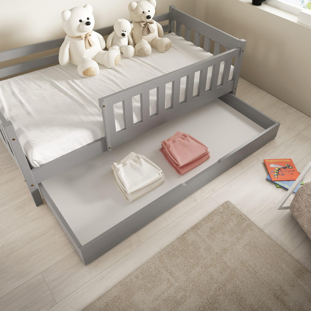 KINDERBETT ELSA mit Bettkasten 80x160 cm Hellgrau - Hellgrau, Holz (80/160cm) - MASSENO