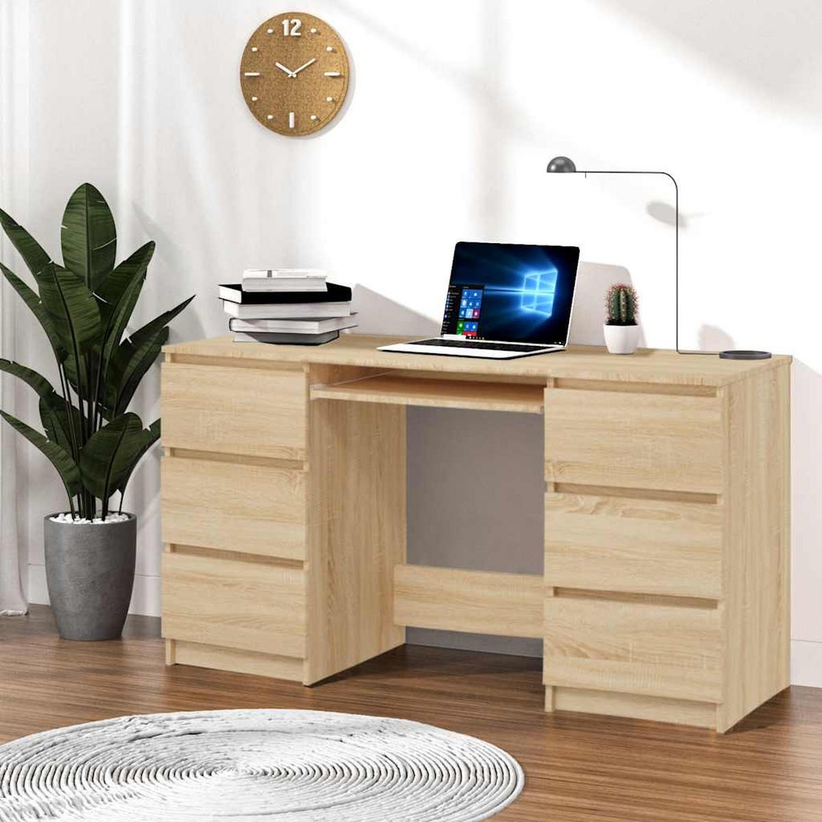 SCHREIBTISCH mit 6 Schubladen, 1 Tastaturauszug 140/50/77 cm aus Holzwerkstoff Sonoma-Eiche Dekor - Braun/Sonoma Eiche, Holz (50/140/77cm) - vidaXL