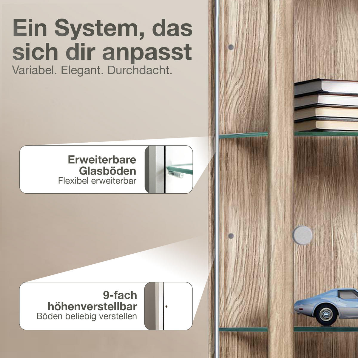 GLASVITRINE 33/37/176 cm mit LED & 4 höhenverstellbaren Glasböden - Transparent/Silberfarben, Glas/Holzwerkstoff (37/176/33cm) - K-Möbel