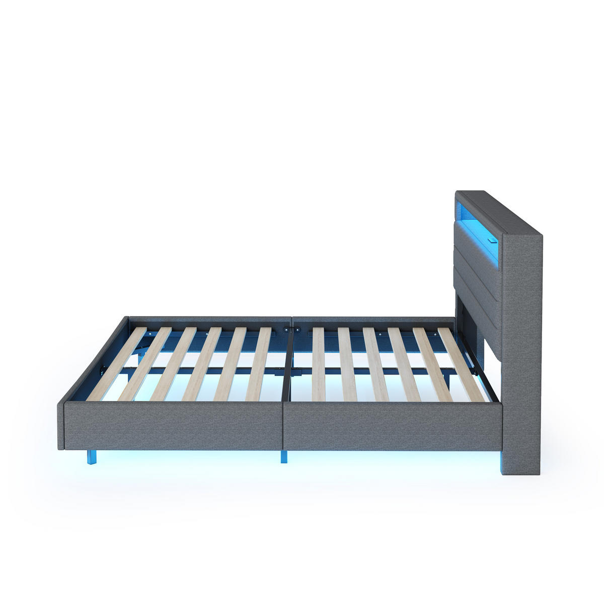 POLSTERBETT 140/200 cm mit USB-Anschluss, LED-Beleuchtung und drehbarem Kopfteil, Grau - Grau, Textil (140/200cm) - Redom