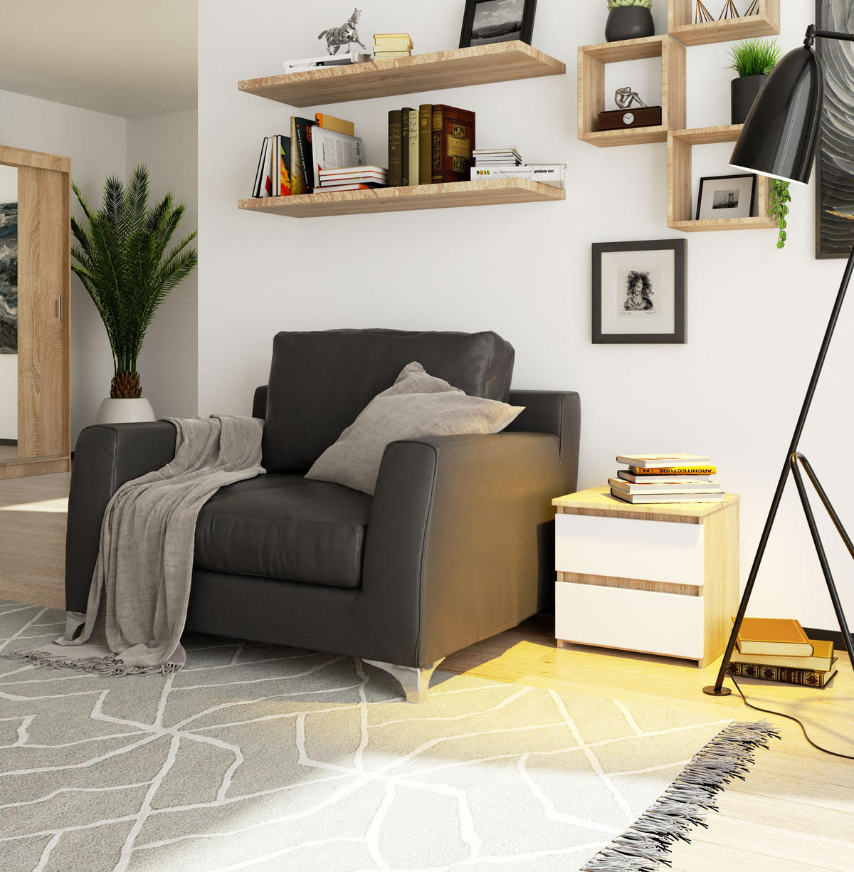 NACHTTISCH Eiche Sonoma, Weiß 40/40/35 - Weiß/Sonoma Eiche, Holzwerkstoff (40/40/35cm) - RAUMHIRSCH FURNITURE