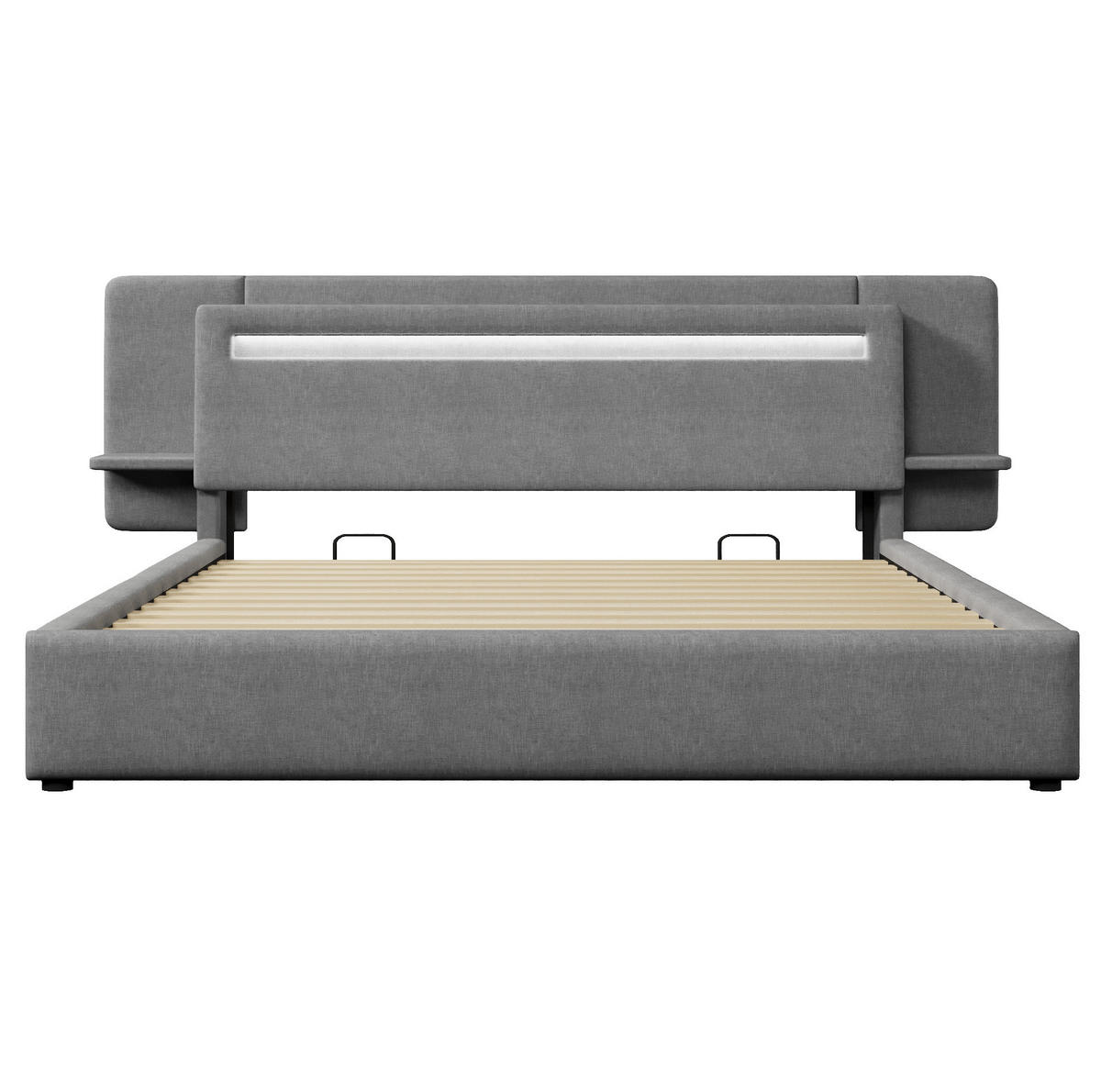 POLSTERBETT aus MDF und Leinen 180x200 cm Grau mit Bettkasten, LED-Beleuchtung, Nachttisch und USB-Anschluss - Grau, Textil (180/200cm) - Modfu